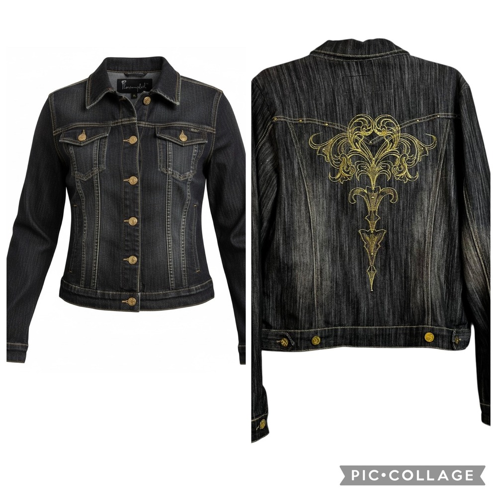 Platinum Plush Denim Jacket Embellished Gold Design Dark Wash XL